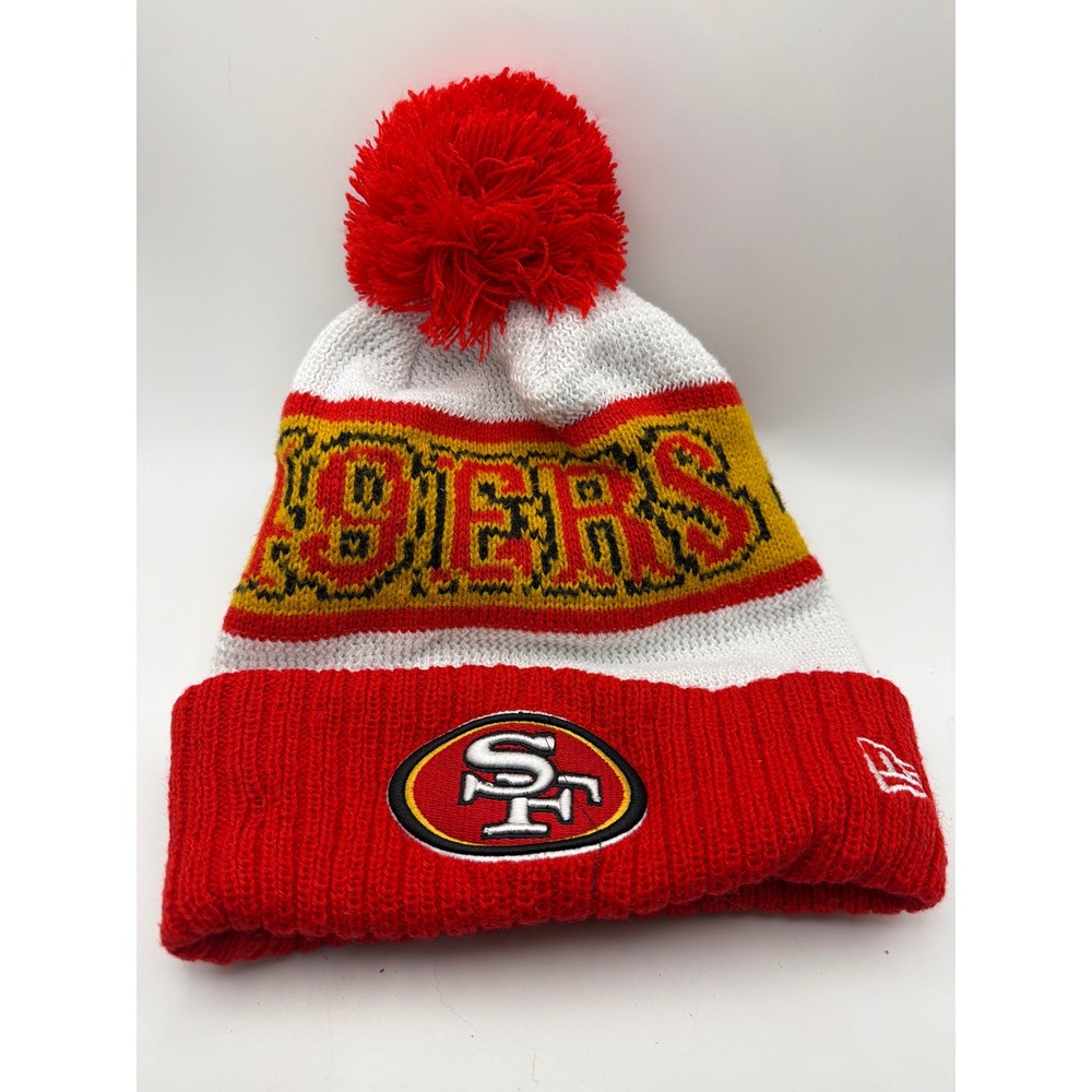 New Era San Francisco 49ers NFL Knit Beanie Pom Hat Red White Gold Fleece Lined